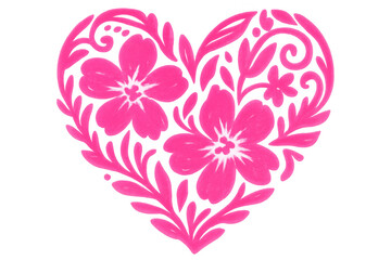 Poster - Pink flowers forming a heart shape with leaves and flourishes, creating a romantic symbol of love and affection on a transparent background