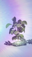 Poster - Animation of growing plant in hand of robot arm, with prismatic light on grey background