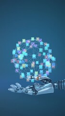 Poster - Animation of network of media icons over hand of robot arm, with moving light on dark background