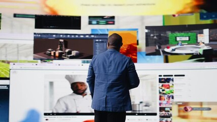 Poster - Smiling user navigating through online content and mobile apps, surrounded by visual elements of social engagement, tech communication and modern digital platforms on smartphone. Camera A.