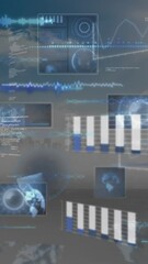  - Animation of graphs, radars, globes, soundwaves over computer language against cloudy sky