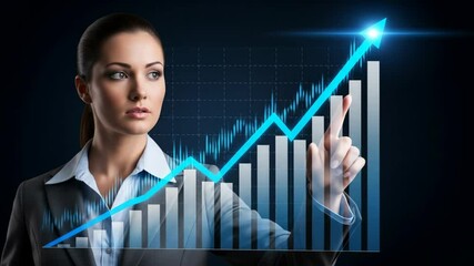 Poster - Woman touching rising blue arrow financial graph. Business growth chart with increasing trend line. Future stock market data for investment analysis. Footage.