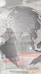 Poster - Animation of numbers in message boxes over graphs, globe against empty chair and laptop