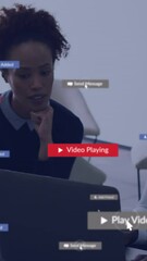 Poster - Animation of texts and icons in message boxes over diverse coworkers discussing reports on laptop