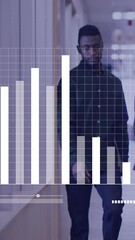 Leinwandbilder - Animation of graph and loading bars, diverse coworkers discussing reports while walking in corridor