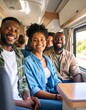 © juanorihuela - Inside a vehicle, four casually dressed people sit around a built-in table, chatting and relaxed. Sunlight filters through the windows, creating a cozy and laid-back road trip atmosphere.