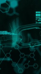 Poster - Animation of blockchain, molecule structures and computer language over black background