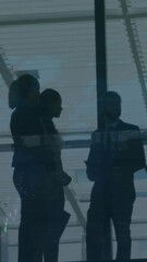 Poster - Animation of graphs with changing numbers, silhouette of diverse coworkers discussing in office