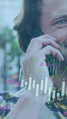 Poster - Animation of multiple graphs with changing numbers, caucasian man with bicycle talking on cellphone