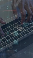 Poster - Animation of firewall disabled text and data network over hands of caucasian man using laptop