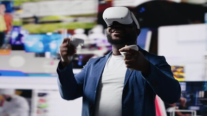 Poster - Black male expert uses high tech VR glasses for mobile feeds, showcasing engagement with digital presence, communication and interaction through application. Modern devices and platforms. Camera B.