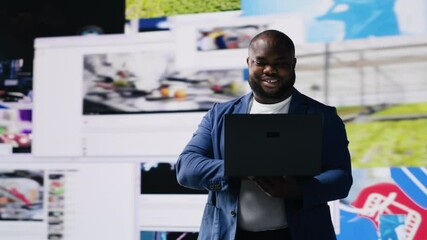 Poster - Black social media manager browsing high tech environment with app interfaces, infographics and social networking feeds. Big data on social media platforms, multimedia. Camera B.