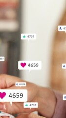 Poster - Animation of social media text and icons over caucasian woman sawing at home