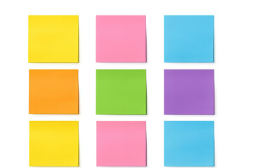 Poster - Nine colorful sticky notes arranged on a transparent background, ready to be used in any project