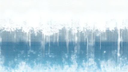 Poster - Abstract digital artwork with a blurred cityscape effect featuring shades of blue and white creating a reflective water-like appearance against a bright sky or background.