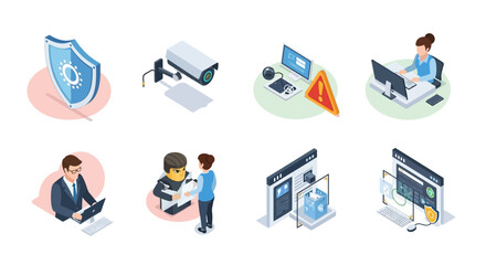 Isometric illustrations depicting various aspects of digital security, surveillance, and data protection.