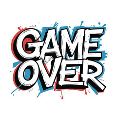 Poster - Retro arcade style end screen illustration with game over text and colorful paint splatter design effect on transparent background