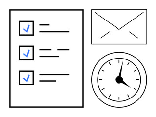 Poster - Checklist with marked items, envelope, and clock emphasizing organization, deadlines, communication, planning, productivity, project management. Ideal for business time tracking scheduling task