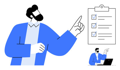 Poster - Man pointing at checklist on clipboard, highlighting priorities. Small view of man with laptop. Ideal for task management, productivity, planning, teamwork, workflow, organization simple flat