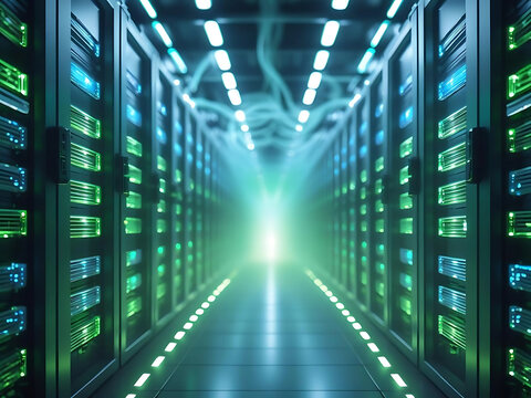 Futuristic glowing server racks in a data center, symmetrical shot with light mist