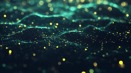 Leinwandbilder - Abstract digital landscape with glowing particles in blue and yellow tones displaying data flow or technological concept with bokeh effects.