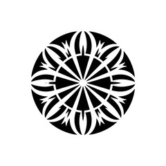 Aufkleber - A striking black and white circular mandala design with sharp geometric patterns and flowing curved elements creating a sense of symmetry and intricate detail