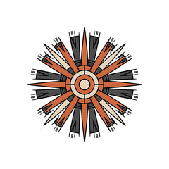 Aufkleber - Intricate geometric sunburst mandala design featuring radiating sharp pointed rays in orange cream and dark gray with black outlines and subtle checkered background elements