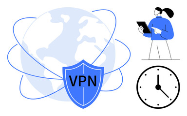 Poster - Earth surrounded by orbits and VPN shield symbol, woman holding tablet, analog clock. Ideal for online security, privacy, global connectivity, browsing tools, technology, productivity simple landing