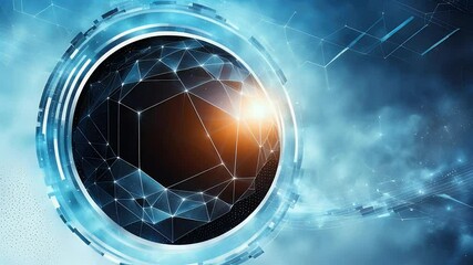 Leinwandbilder - Abstract digital sphere with glowing orange core surrounded by intricate network of lines and blue elements. Futuristic visual with ethereal atmosphere.