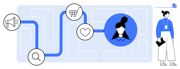 Poster - Customer journey path visualized with megaphone, search, shopping cart, and heart icons leading to user profile. Ideal for customer experience, marketing, strategy, engagement, user research