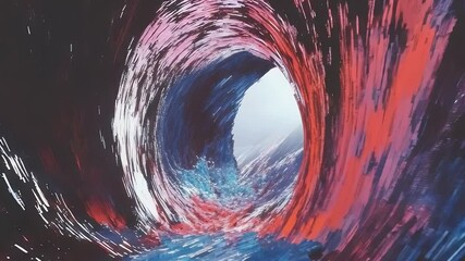 Leinwandbilder - Abstract digital art depicting a tunnel of flowing pixelated forms in vibrant colors. Red, blue, and dark colors create an atmospheric perspective.