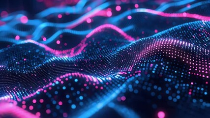 Leinwandbilder - Abstract digital landscape of flowing data points creating undulating wave patterns. Illuminated particles and glowing effect dominate the dark background.