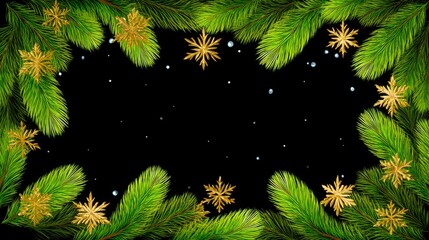 Poster - Elegant Christmas Frame with Green Tree Branches and Golden Snowflakes for Festive Decor