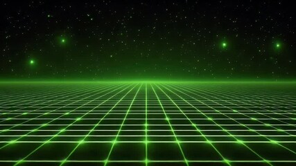 Poster - Abstract digital landscape with a glowing green grid and sparkling lights against a black background. Dynamic perspective creating a sense of depth and technology.
