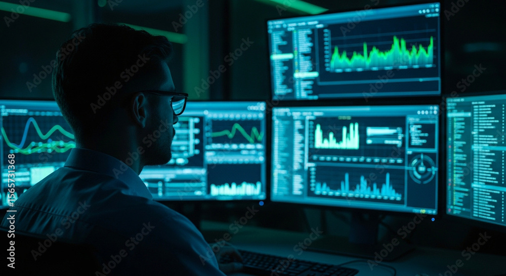 IT Support Man Data Analyst Analyzing Digital Data on Multiple Monitors ...