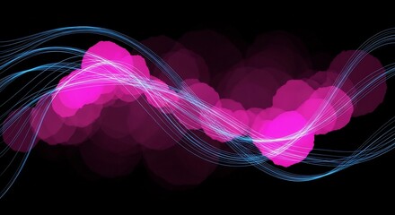 Poster - Abstract Magenta Spheres with Cyan Light Trails on Black Background