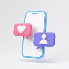 Aufkleber - Smartphone with pink heart and purple profile speech bubbles. Social media, messaging app, digital interaction, online communication, modern UI.