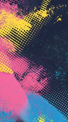 Poster - Abstract colorful digital art showcasing vibrant hues of yellow pink and blue against a dark background with pixelated patterns and textures creating a dynamic composition suitable for graphic design.
