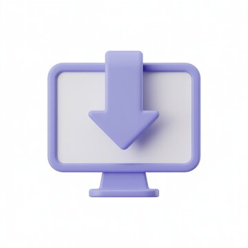 Lavender computer monitor with white screen, downward arrow, downloading icon, saving data, importing files, digital technology, vector render, minimalist design, white background.