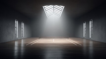 Poster - Indoor tennis court with polished wooden floor and dramatic lighting highlighting the net and lines