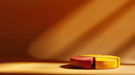 Poster - Vibrant pie chart made of yellow and red segments rests on warm, softly lit surface, casting gentle shadows that enhance its geometric form and color contrast