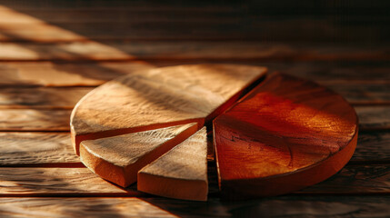 Poster - Wooden pie chart with segments displayed on rustic wooden surface, showcasing natural textures and warm lighting. interplay of light and shadow creates serene atmosphere