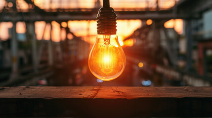 Poster - Glowing light bulb hangs against vibrant sunset backdrop, illuminating scene with warm hues. This captures essence of creativity and inspiration in bustling urban environment