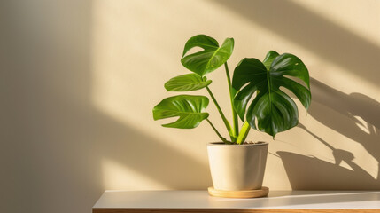 Poster - Bright minimalist workspace featuring white desk and potted plant with large green leaves, casting shadows on soft beige wall, creates serene and inviting atmosphere