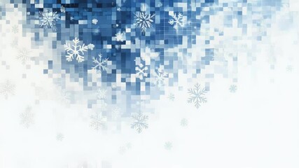 Poster - Abstract winter background of falling snowflakes on a blue mosaic with white space. Artistic illustration captures the winter season with digital pixels creating the scene.