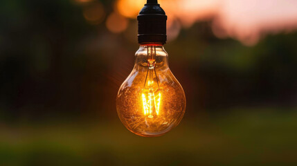 Poster - Glowing light bulb hangs against blurred natural background, symbolizing innovation and creativity in serene environment. warm light evokes sense of inspiration and possibility