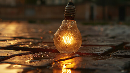 Poster - Glowing light bulb sits on wet cobblestone surface, reflecting warm light in serene setting. raindrops on bulb add touch of tranquility to scene, creating peaceful atmosphere