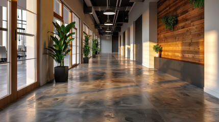 Poster - Modern office corridor featuring polished concrete flooring, large windows allowing natural light, and decorative plants in pots. warm wooden accents on walls create welcoming atmosphere