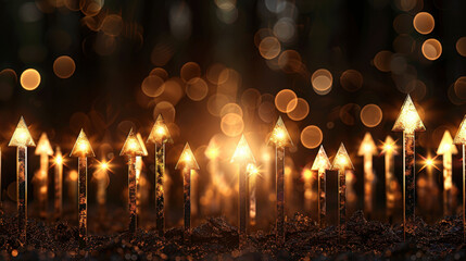 Poster - Growth arrows illuminated by soft lighting create captivating scene, symbolizing business potential and progress in dynamic environment filled with bokeh effects