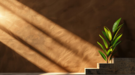 Poster - Vibrant green plant growing on stone step against textured brown wall, illuminated by soft sunlight casting long shadows, creating serene and calming atmosphere